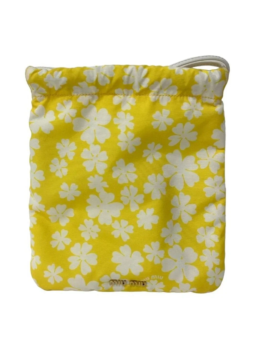 Miu Miu Pouch Yellow White Floral Drawstring Re-Nylon Leather